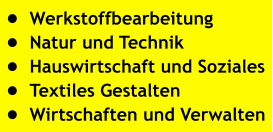 •	Werkstoffbearbeitung •	Natur und Technik •	Hauswirtschaft und Soziales •	Textiles Gestalten •	Wirtschaften und Verwalten