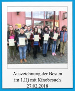 Auszeichnung der Besten im 1.Hj mit Kinobesuch 27.02.2018