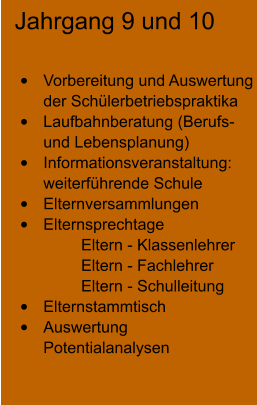 Jahrgang 9 und 10 •	Vorbereitung und Auswertung der Schülerbetriebspraktika •	Laufbahnberatung (Berufs- und Lebensplanung) •	Informationsveranstaltung: weiterführende Schule •	Elternversammlungen •	Elternsprechtage Eltern - Klassenlehrer Eltern - Fachlehrer Eltern - Schulleitung •	Elternstammtisch •	Auswertung Potentialanalysen