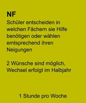 NF Schüler entscheiden in welchen Fächern sie Hilfe benötigen oder wählen emtsprechend ihren Neigungen  2 Wünsche sind möglich, Wechsel erfolgt im Halbjahr     1 Stunde pro Woche