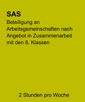 SAS Beteiligung an Arbeitsgemeinschaften nach Angebot in Zusammenarbeit mit den 8. Klassen     2 Stunden pro Woche