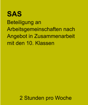 SAS Beteiligung an Arbeitsgemeinschaften nach Angebot in Zusammenarbeit mit den 10. Klassen      2 Stunden pro Woche