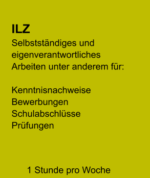 ILZ Selbstständiges und eigenverantwortliches Arbeiten unter anderem für:  Kenntnisnachweise Bewerbungen Schulabschlüsse Prüfungen      1 Stunde pro Woche